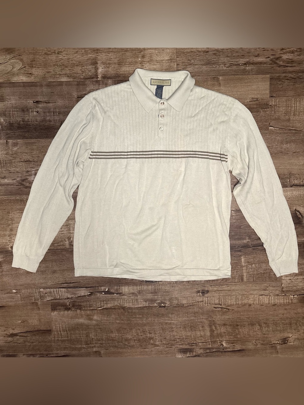 NATURALIFE Men's Long-Sleeve Polo - Cream with Brown Stripes
